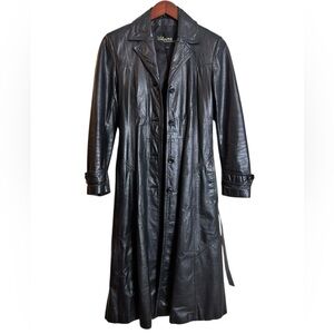 Wilsons Leather Black Trench Coat Button Jacket Vintage 90s Matrix Sz. 10 Belted